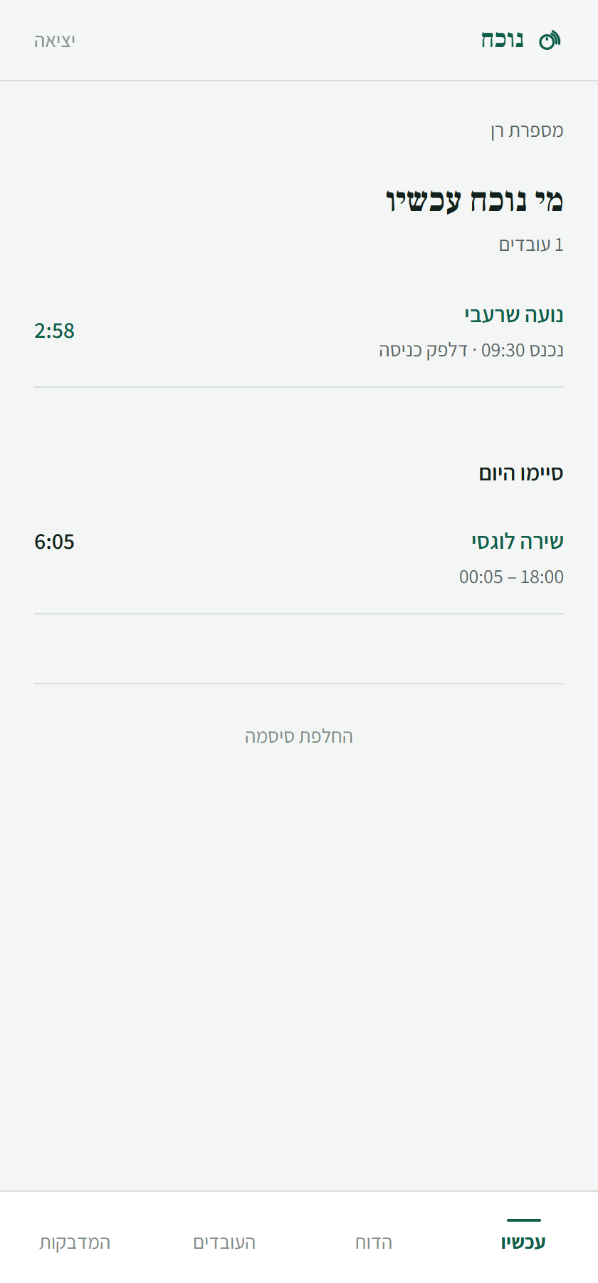 מסך המנהל בנייד: מי נוכח עכשיו, שם העובדת עם זמן המשמרת הרץ, ומתחתיו מי שכבר סיים היום